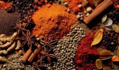  a variety of spices and spices on a table top with a cinnamon, star anise, cinnamon peels, cinnamon spice, cinnamons, and cloves.  generative ai