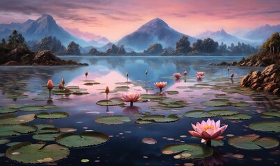  a painting of water lilies in a lake with mountains in the background and a pink sky with clouds in the background and a pink sky.  generative ai