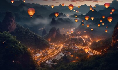Fototapeta na wymiar a group of hot air balloons flying over a city in the sky above a mountain range at night with lights in the sky and fog in the air. generative ai