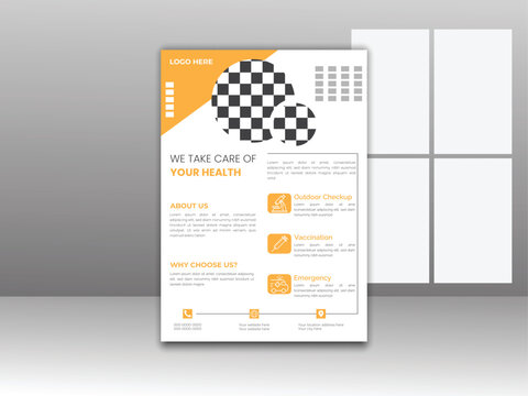 Creative flyer template in A4 size, poster vector design for brochure,  layout modern with yellow color, medical flyer template with minimalist layout, medical presentation, easy to use.
