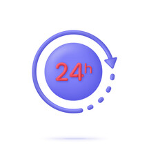 3D Clock icon. 24 hours. Passage of time. Time-keeping and measurement of time.