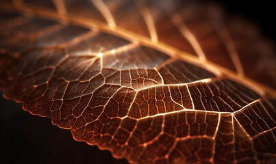  a close up of a leaf with a black background and light coming from it's back end and the top part of the leaf.  generative ai