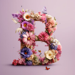 Floral Typography of the Letter B - Beautiful Pastel Flowers Arranged over a Wooden B with Calm, Muted Colors - Generative AI
