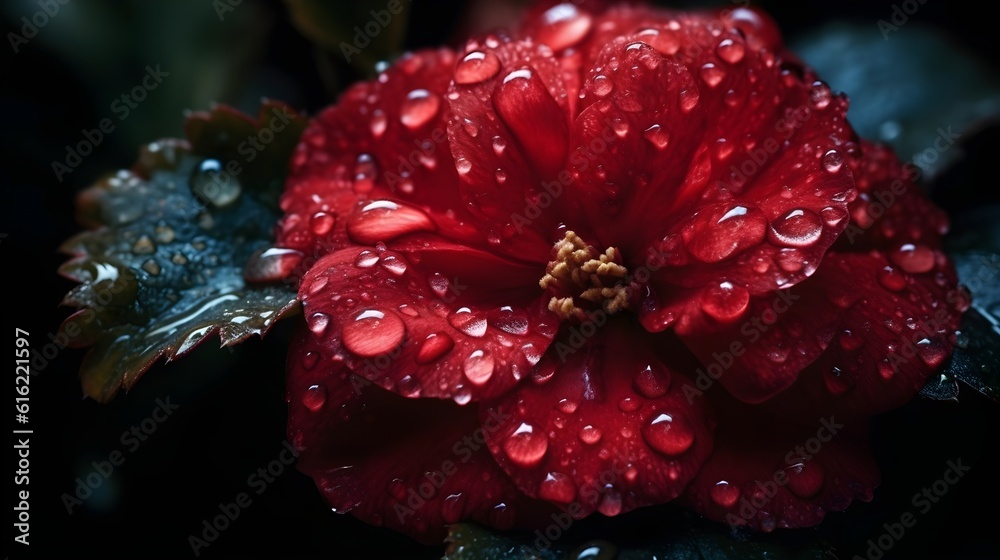 Wall mural beautiful close up wet red japanese camelia flower with some leaves and some water droplet looks fre