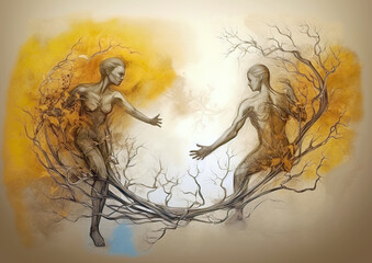 Male and female come from the same branch.This representation is a specific idea of belonging that can be traced back to Adam and Eve,who gave the roots to humanity.Concept of Adam and Eve.AI generate - obrazy, fototapety, plakaty