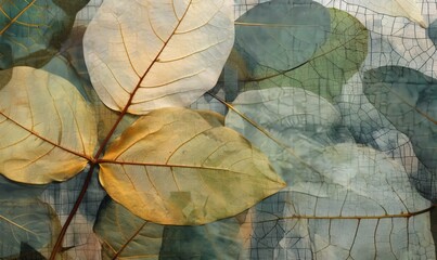  a close up of a leaf on a surface of leaves with a blurry background of leaves in the foreground and a blurry background of leaves in the foreground.  generative ai