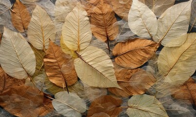  a bunch of leaves that are on a table top with a blurry background of leaves on the surface of the table, with a blurry background of leaves on the surface.  generative ai