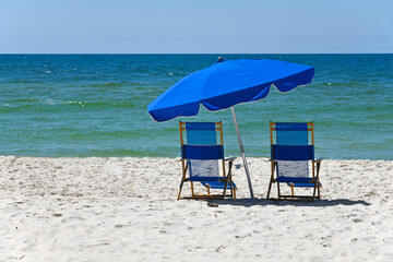 Blue Beach Chairs with Umbrella