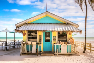 Picturesque seaside cafe on blue sky background. Generative AI
