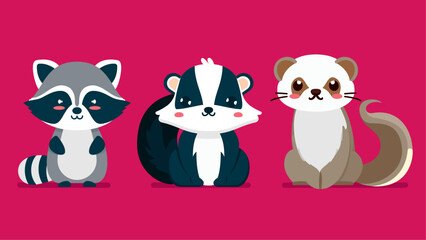 Set of cute wild animals, weasel, raccoon, skunk, Safari jungle animals flat vector illustration 
