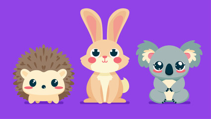 Set of cute wild animals, koala, rabbit, Hedgehog, Safari jungle animals flat vector illustration  © Flat