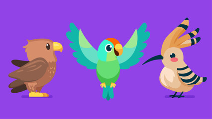 Set of cute wild animals, Hoopoe, parrot, hawk, eagle, Safari jungle animals flat vector illustration 