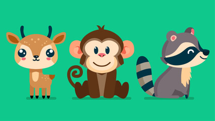 Set of cute wild animals, raccoon, monkey, gazelle, Safari jungle animals flat vector illustration  © Flat