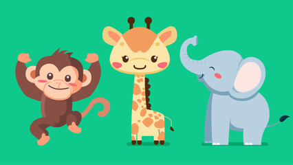 Set of cute wild animals, elephant, monkey, giraffe, Safari jungle animals flat vector illustration 
