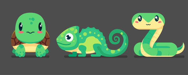 Set of cute wild animals, snake, chameleon, turtle, Safari jungle animals flat vector illustration 