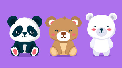 Set of cute wild animals, bear, Polar bear, grizzled bear, panda, Safari jungle animals flat vector illustration 