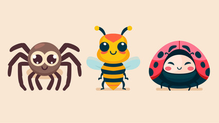 Set of cute wild animals, ladybug, wasp, bee, spider, Safari jungle animals flat vector illustration  