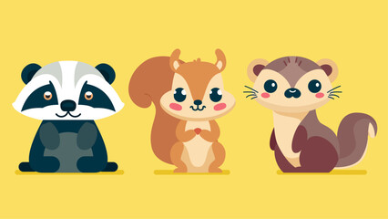 Set of cute wild animals, weasel, squirrel, raccoon, Safari jungle animals flat vector illustration  © Flat