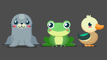 Set of cute wild animals, seal, frog, mallard duck, Safari jungle animals flat vector illustration 