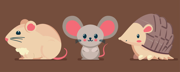 Set of cute wild animals, Armadillo, mouse, hamster, Safari jungle animals flat vector illustration 