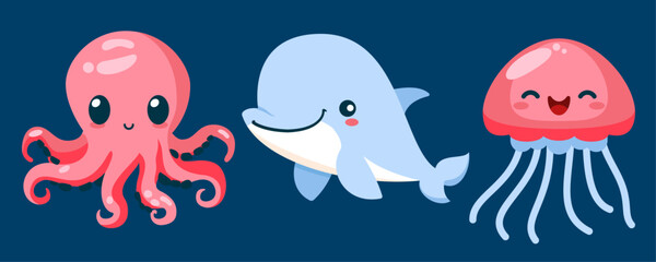 Set of cute wild animals, jellyfish, dolphin, octopus, Safari jungle animals flat vector illustration 