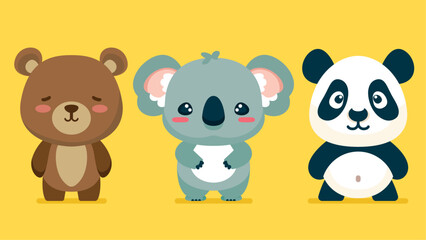 Set of cute wild animals, panda, koala, grizzled bear, Safari jungle animals flat vector illustration 