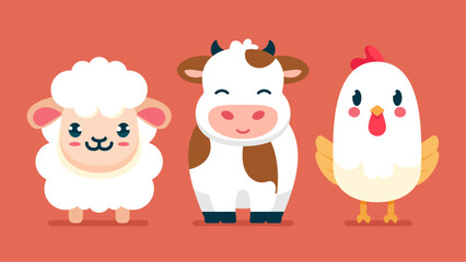 Set of cute wild animals, chicken, cow, sheep, Safari jungle animals flat vector illustration 