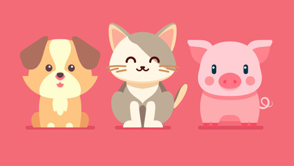 Set of cute wild animals, pig, cat, dog, Safari jungle animals flat vector illustration 