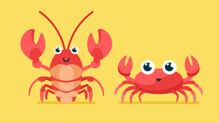 Set of cute wild animals, crab, Safari jungle animals flat vector illustration 