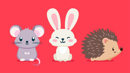 Set of cute wild animals, Hedgehog, rabbit, mouse, hamster, Safari jungle animals flat vector illustration 