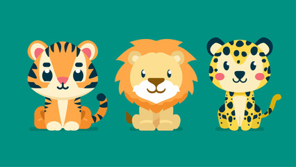 Set of cute wild animals, Lion, tiger, leopard, Safari jungle animals flat vector illustration  © Flat