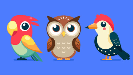 Set of cute wild animals, Woodpecker, owl, parrot, Safari jungle animals flat vector illustration 