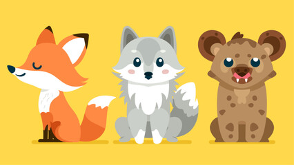 Set of cute wild animals, hyena, fox, wolf, Safari jungle animals flat vector illustration  © Flat