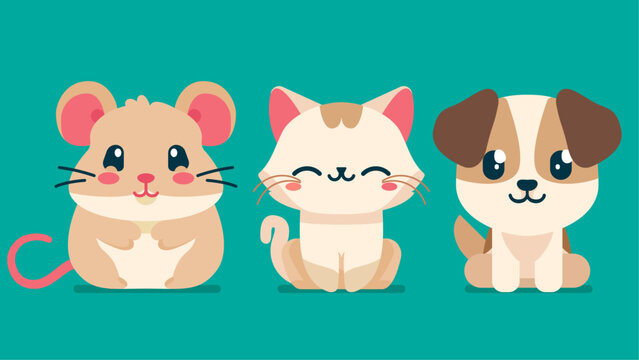 Set of cute wild animals, dog, cat, mouse, hamster, Safari jungle animals flat vector illustration 