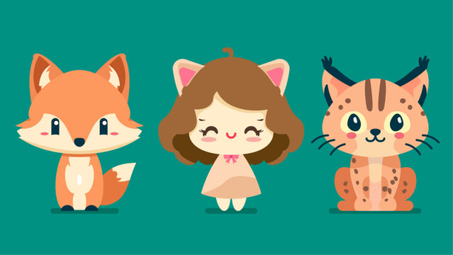 Set of cute wild animals, lynx, cat, fox, Safari jungle animals flat vector illustration 