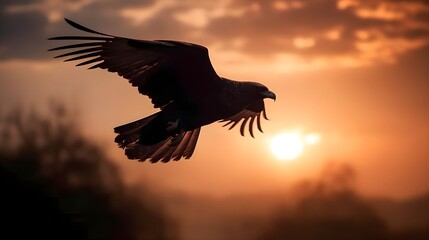 Fototapeta na wymiar Golden eagle Aquila chrysaetos flying in the air with mountain and highland forest background evening sunset golden hour. Generative AI technology.