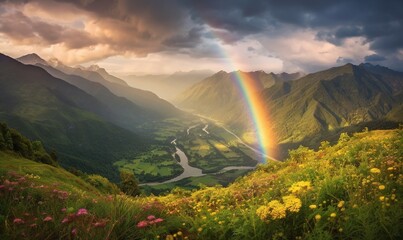  a rainbow in the sky over a valley with a river and mountains in the background with wildflowers and wildflowers in the foreground.  generative ai