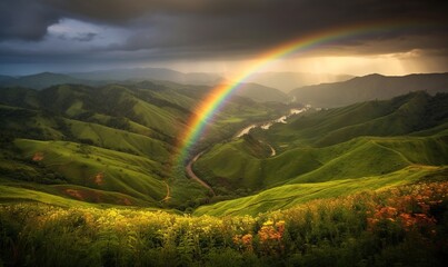  a rainbow shines in the sky over a green mountain valley with a river running through it and a river running through the valley below.  generative ai