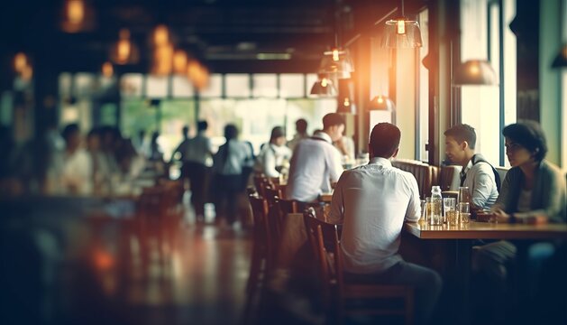 Blurred Restaurant Background With Some People Eating And Chefs And Waiters Working