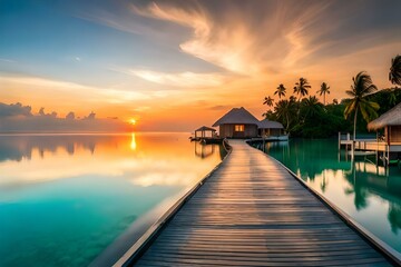 tropical resort at sunset with path 