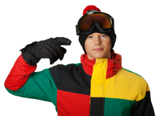 Male snowboarder pointing at his head