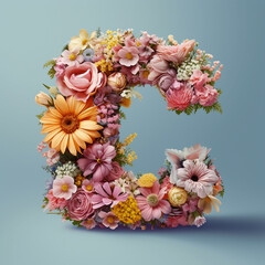 Floral Typography of the Letter C - Beautiful Pastel Flowers Arranged over a Wooden C with Calm, Muted Colors - Generative AI