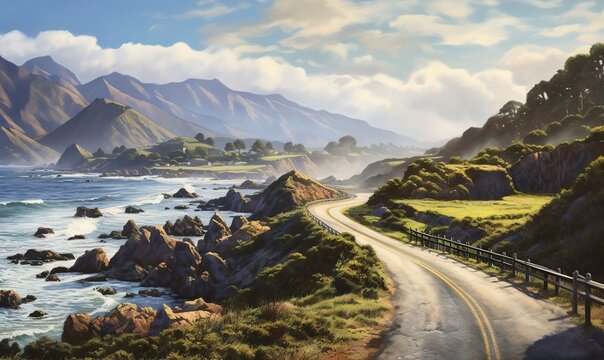  a painting of a scenic road by the ocean with mountains in the background and a body of water in the foreground with a fence in the foreground.  generative ai