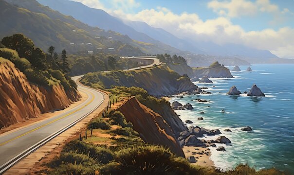  a painting of a scenic highway by the ocean with a view of the mountains and the ocean beyond it is painted with acrylic colors.  generative ai