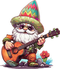 A cinco de mayo gnome playing guitar and wearing somb