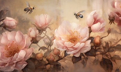  a painting of pink flowers with a bee flying over them on a beige and brown background with a faded border of leaves and flowers in the foreground.  generative ai