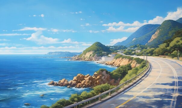  a painting of a road by the ocean with a mountain in the background and a blue sky with clouds above it and a blue sky with white clouds.  generative ai