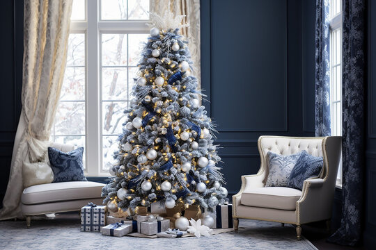 Blue Christmas Tree In The Living Room In A Living Room Generative AI