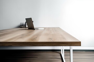 Office desk countertop and steel legs are isolated on a white, hazy background, and the desk top is clipped all the way around. Generative AI