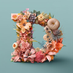 Floral Typography of the Letter D - Beautiful Pastel Flowers Arranged over a Wooden "D" with Calm, Muted Colors - Generative AI